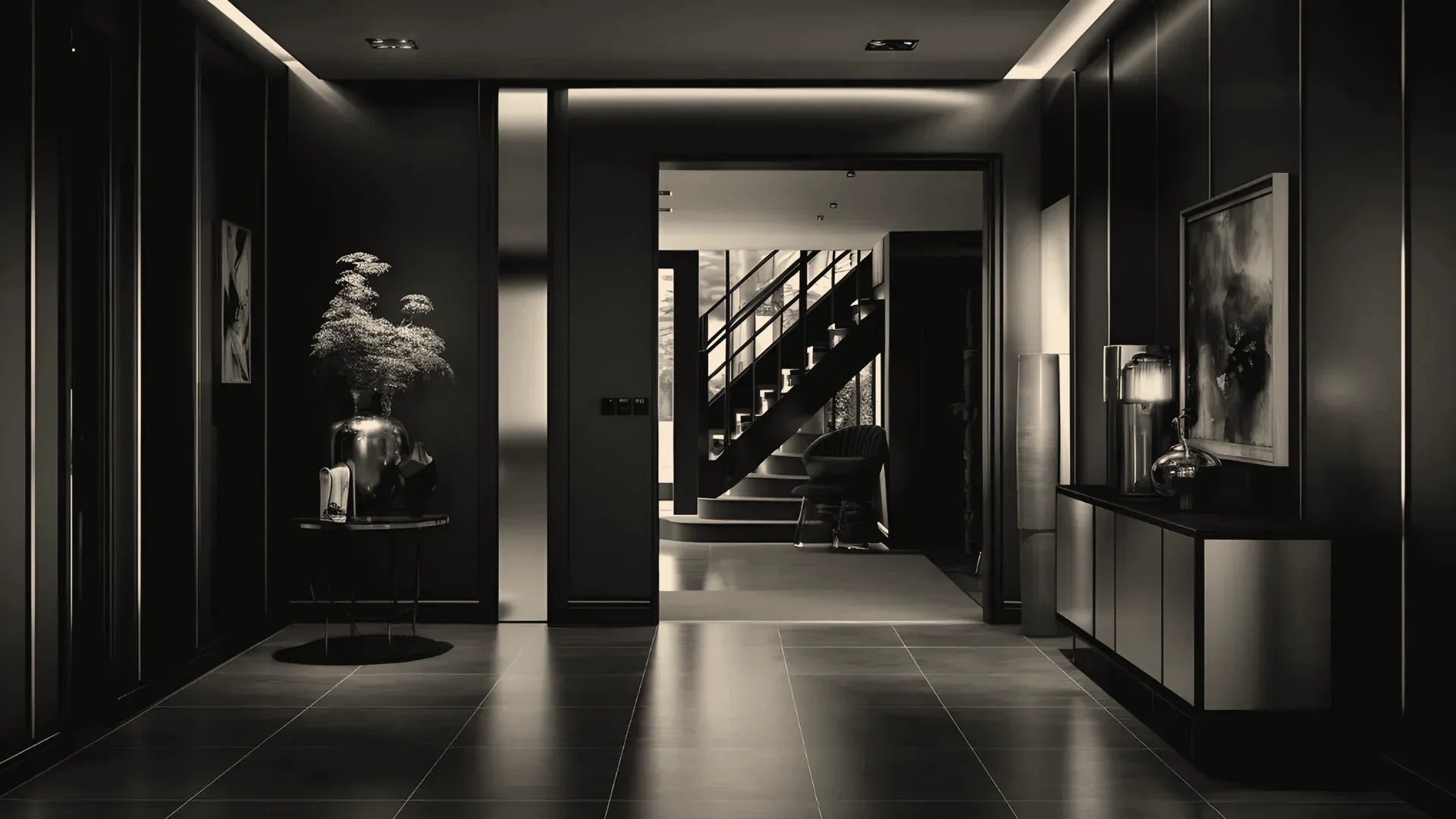 View through an entryway toward a staircase, warm-toned architectural interior